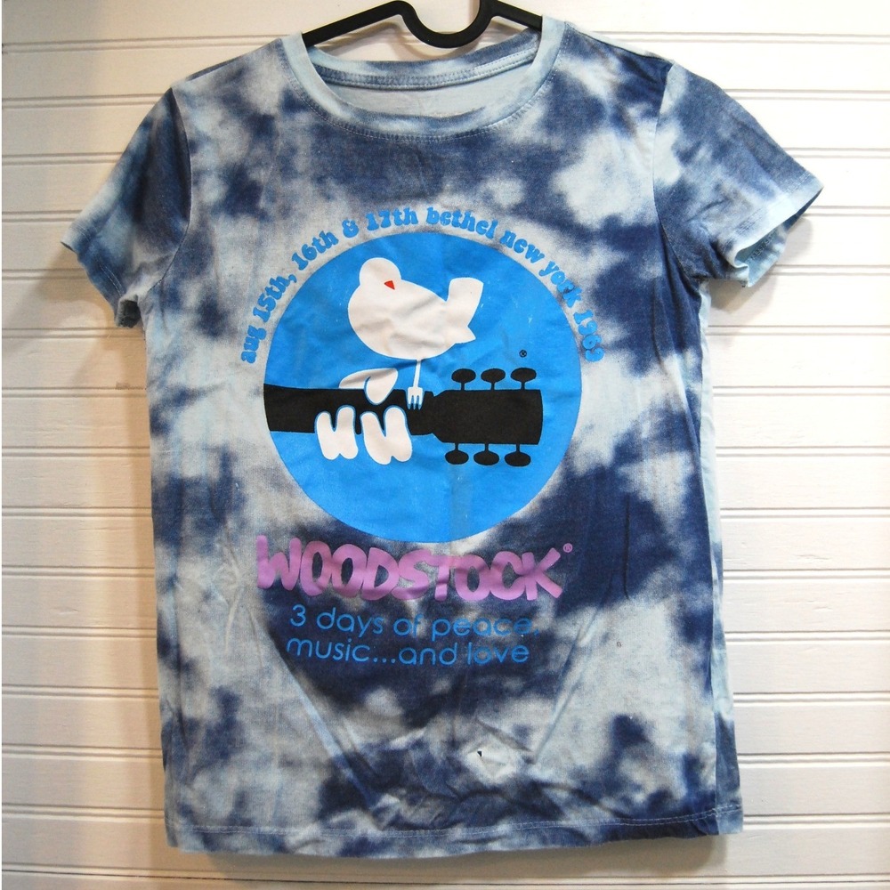 Woodstock t-shirt Youth Sm Blue & White tie dye‎ Circle Poster Logo Juniors tee